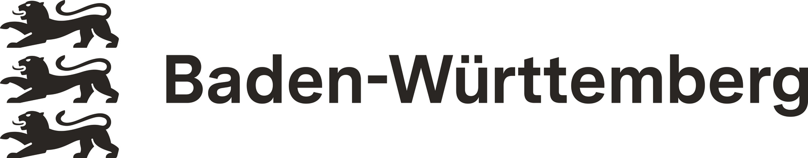 Schwarz auf weiß drei untereinanderstehende Löwen und rechts daneben Schriftzug Baden-Württemberg