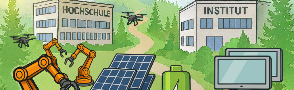 Gemaltes Bild zeigt zwei von Wald umgebene Gebäude auf einem steht Hochschule auf dem anderen Institut und dazwischen beziehungsweise darunter Drohnen, Roboterarme, PV-Module, Batterien und Bildschirme 